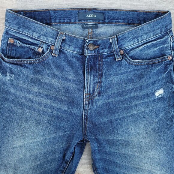 Men's Aero Slim Straight  Distressed Denim Blue Jeans Sz 30x32 - Picture 3 of 15